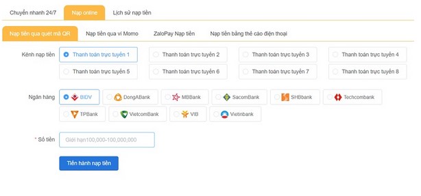 Nạp tiền bằng hình thức quét mã QR từ nhiều ngân hàng địa phương 