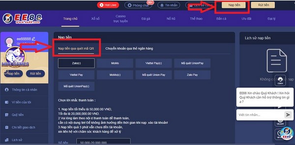 Nạp tiền EE88 có hình thức quét mã thông qua QR vô cùng tiện lợi