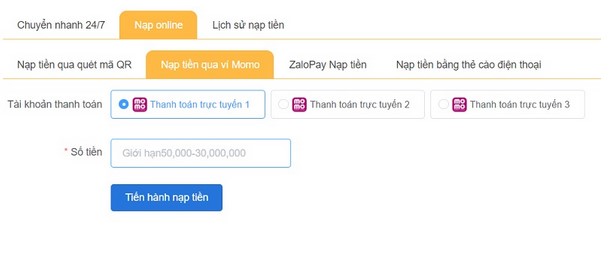 Nạp tiền qua ví điện tử Momo với nhiều hạn mức khác nhau