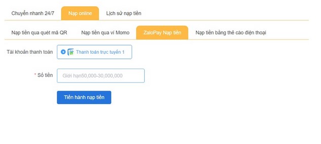 Nạp tiền thông qua ví điện tử Zalo trực tuyến nhanh chóng 